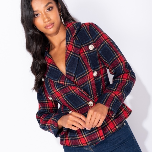 Theron Navy & Red Plaid Double Breasted Blazer - Picture 2 of 8